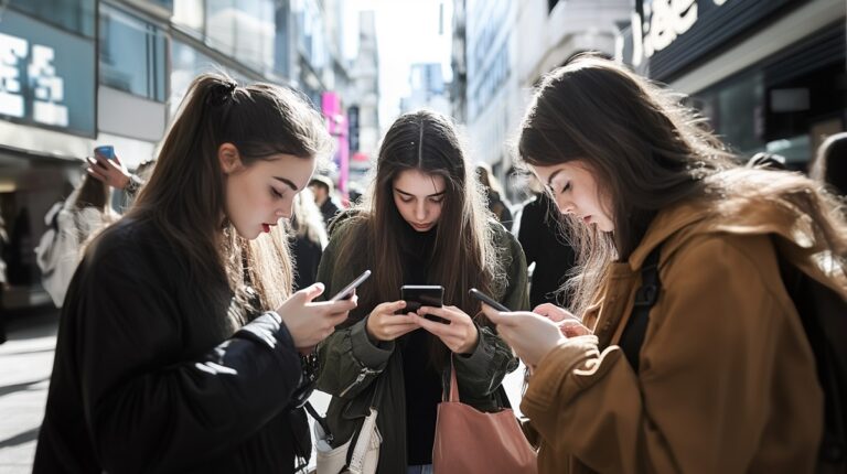 Varias jóvenes utilzando las redes sociales en sus teléfonos móviles
