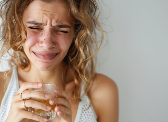 una mujer angustiada con adicción al alcohol sosteniendo un vaso en la mano