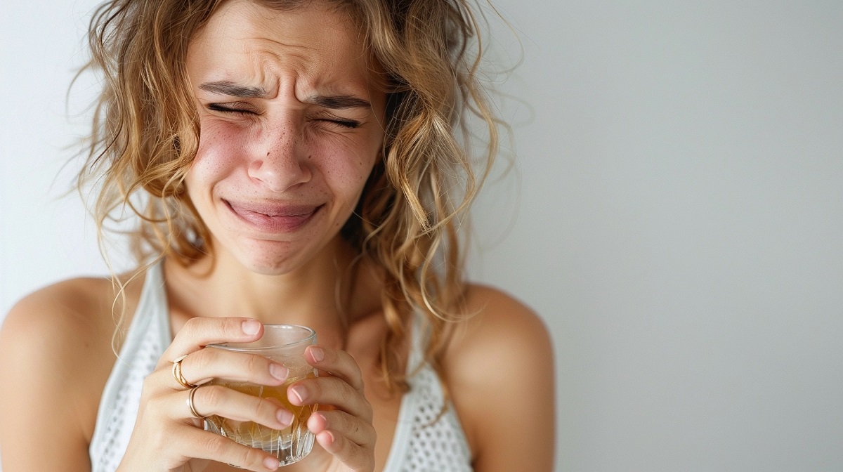 una mujer angustiada con adicción al alcohol sosteniendo un vaso en la mano