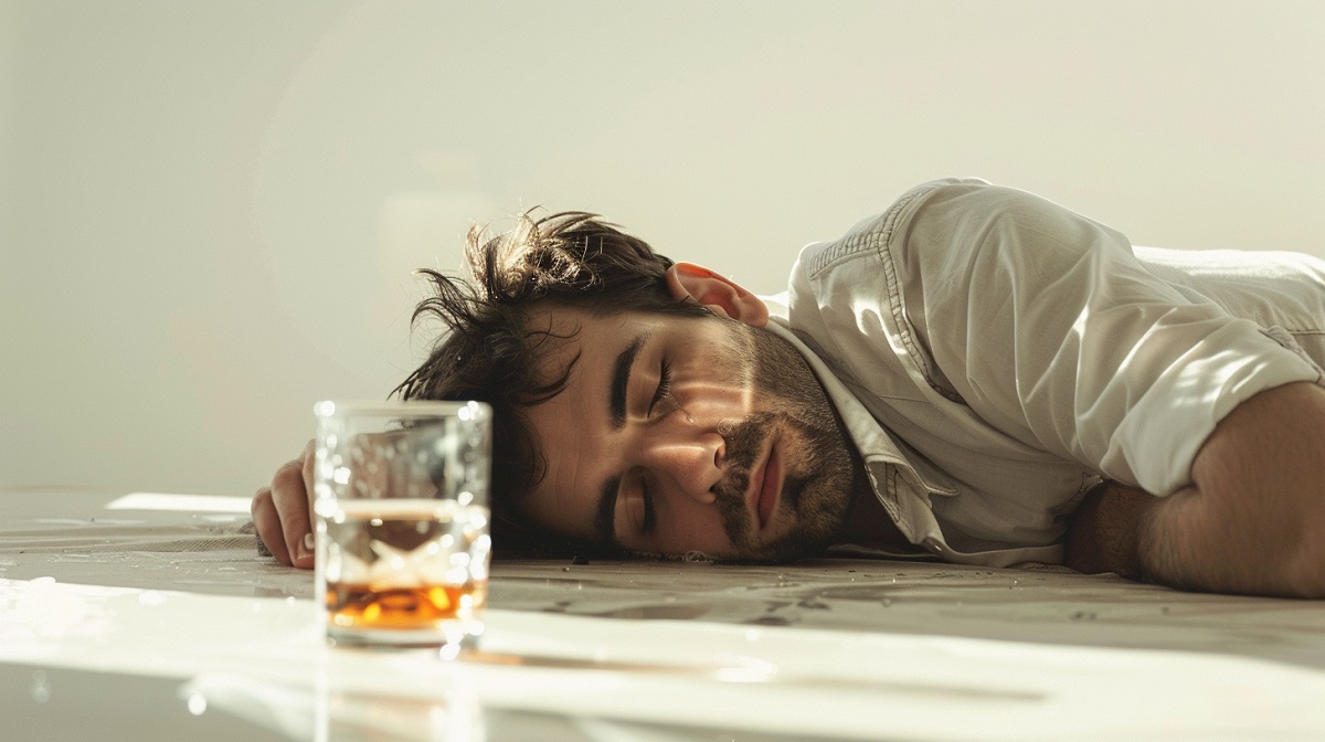 un hombre durmiendo en el suelo junto a un vaso de alcohol