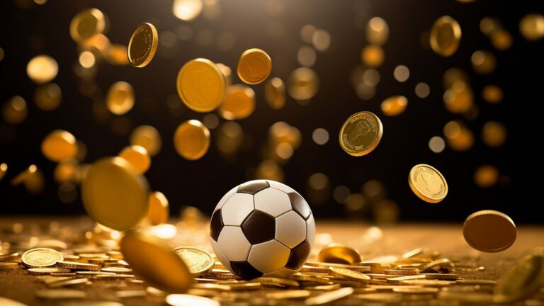 La adicción a las apuestas deportivas. Un balón de futbol rodeado de monedas.