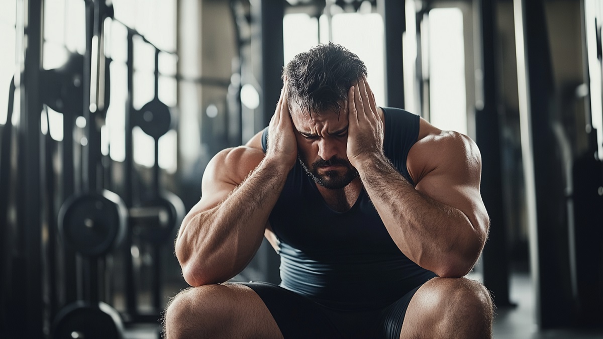 adicto a los esteroides anabolizantes sentado en un gimnasio