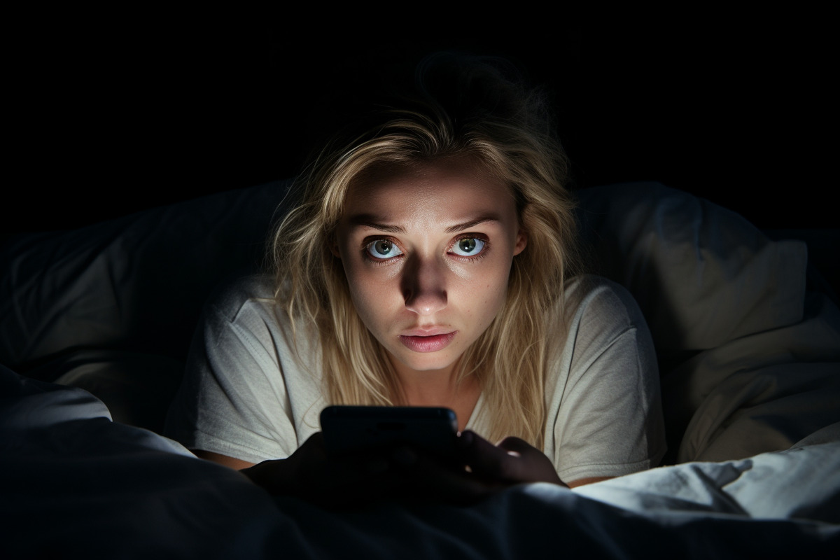 Una chica con adicción usando Instagram en la cama