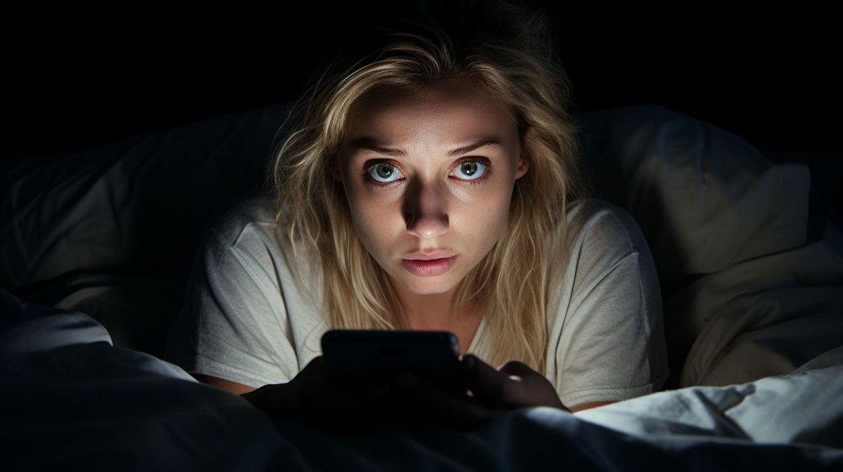 Una chica con adicción usando Instagram en la cama