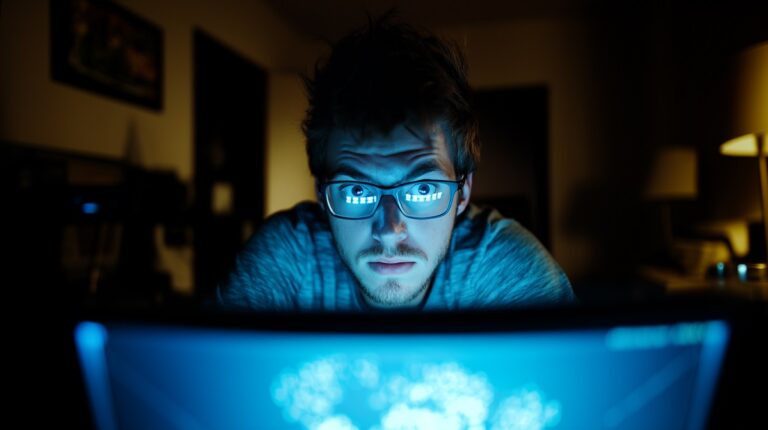 Un jóven adicto a internet frente a la pantalla de su ordenador