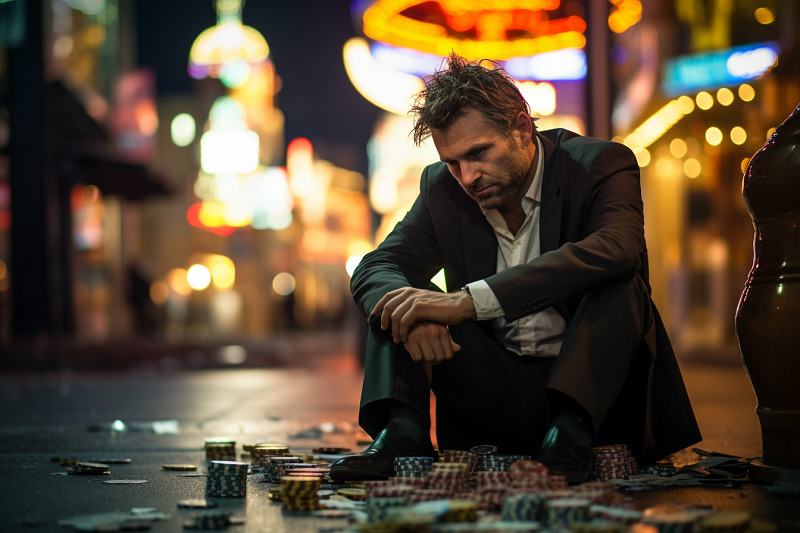 Un adicto al juego sentado en el suelo en la puerta de un casino