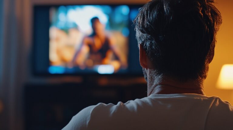 Un adicto al sexo mirando pornografía en la televisión