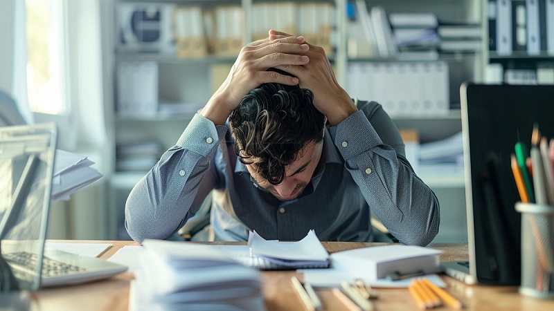 Hombre angustiado en la oficina a causa de la adicción al trabajo