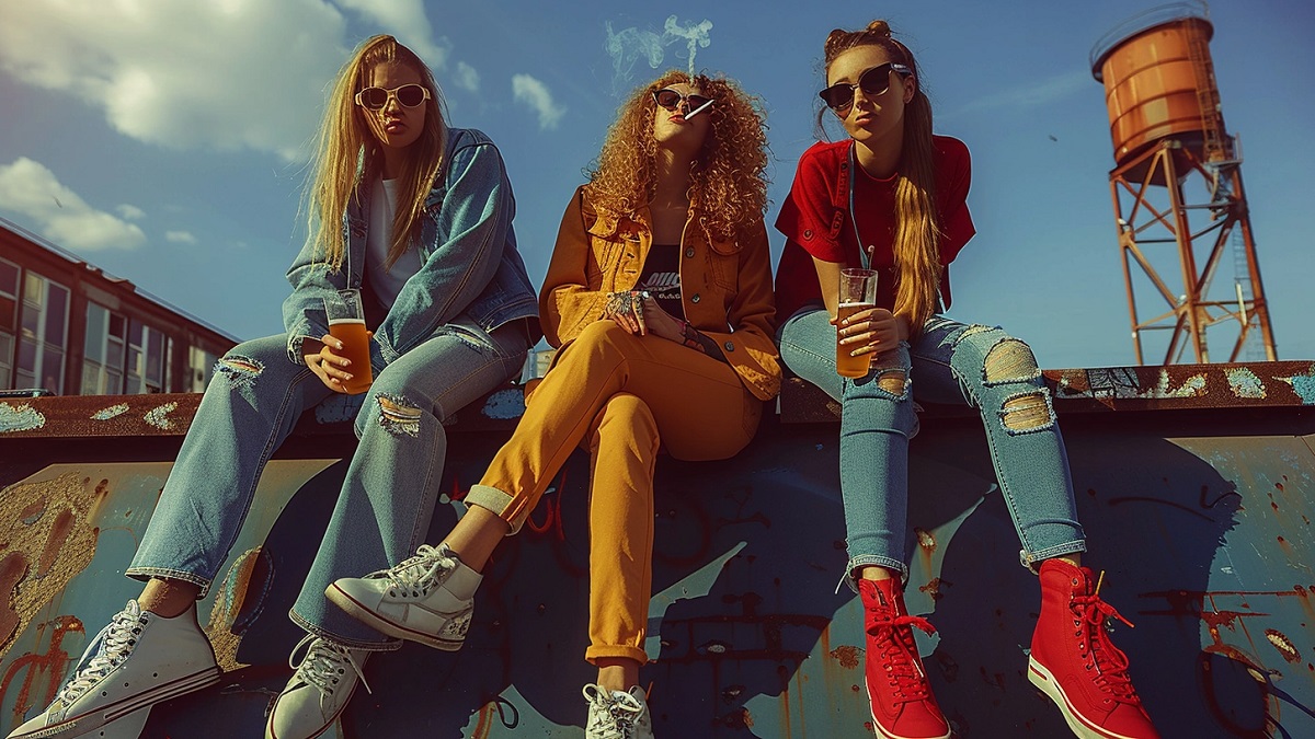 Tres jóvenes adolescentes fumando y bebiendo cerveza en un parque.