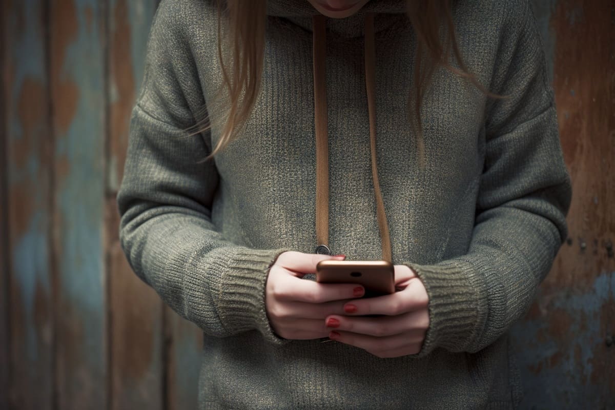 Una adolescente mirando su teléfono móvil