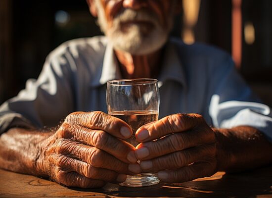 Una persona mayor con alcoholismo bebiendo una copa