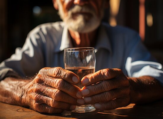 Una persona mayor con alcoholismo bebiendo una copa