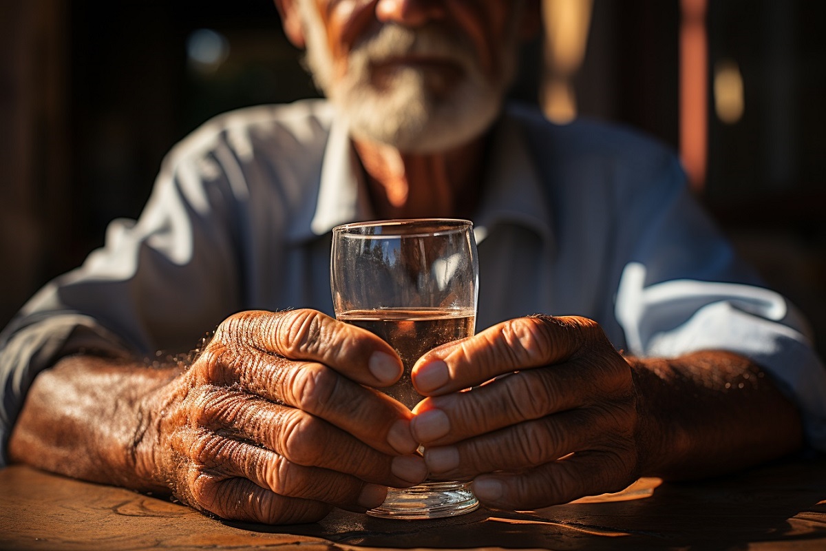 Una persona mayor con alcoholismo bebiendo una copa