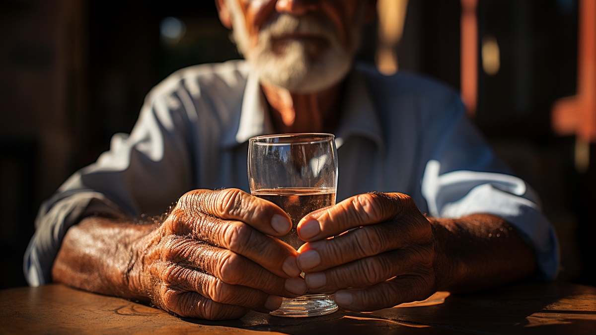 Una persona mayor con alcoholismo bebiendo una copa