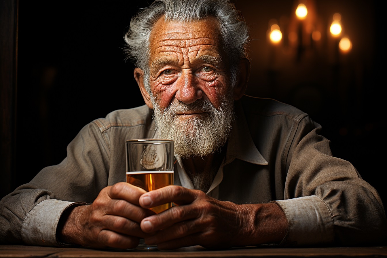 Un hombre mayor con adicción al alcohol sostiene una cerveza