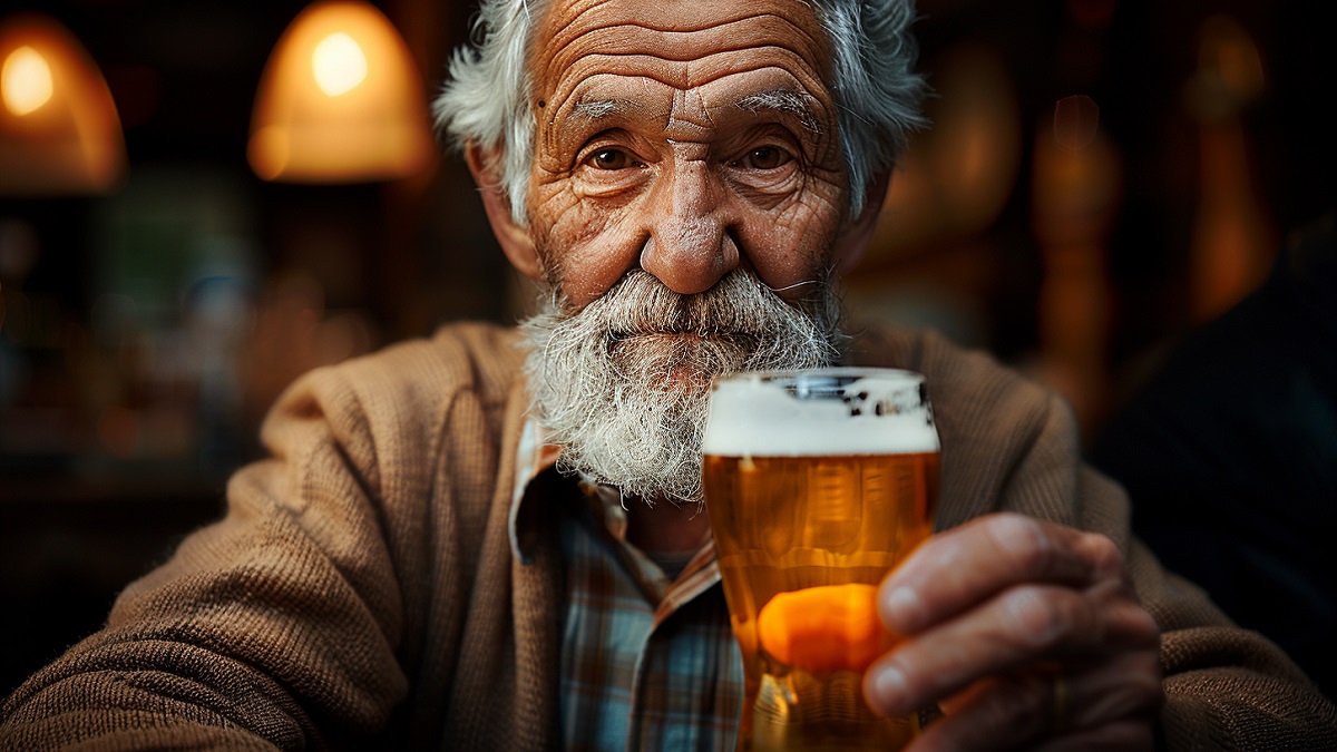 Un hombre mayor con adicción al alcohol sostiene una cerveza