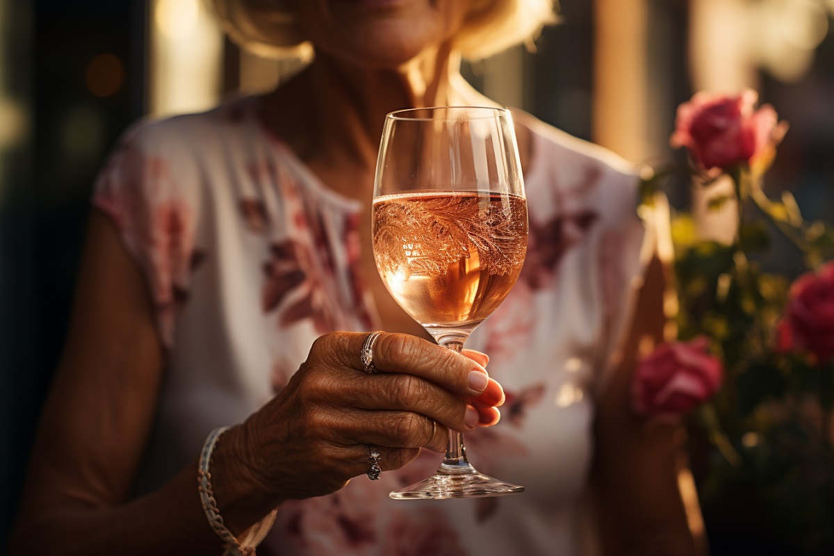 Una mujer mayor con alcoholismo sosteniendo una copa de vino
