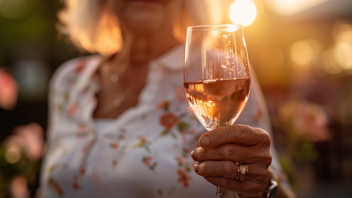 Una mujer mayor con alcoholismo sosteniendo una copa de vino