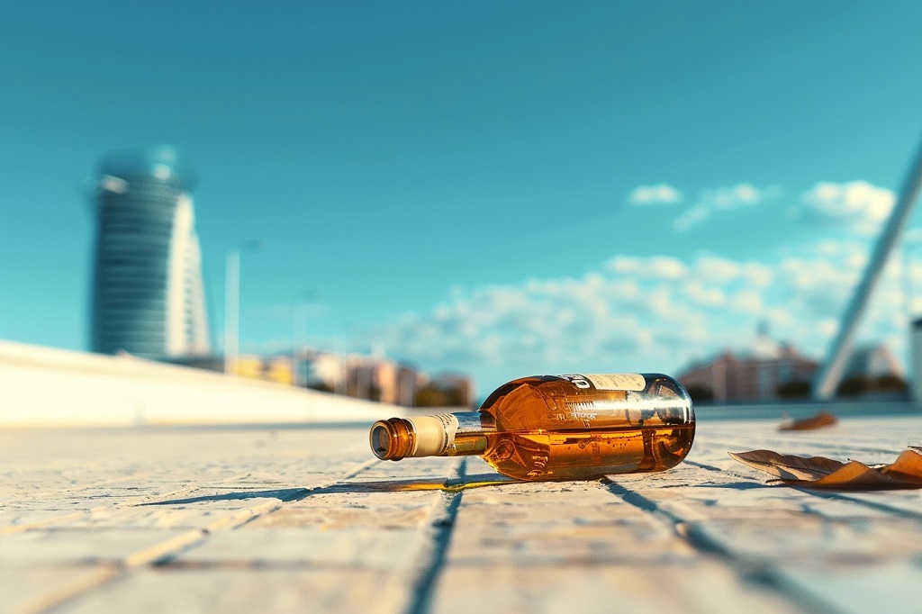 Botella de alcohol en el suelo de una calle en Valencia