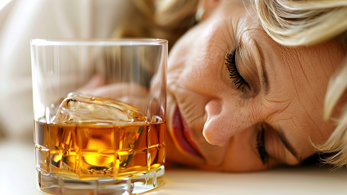 Rostro de una mujer con alcoholismo durmiendo junto a un vaso de alcohol.