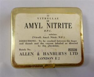 Envase con ampollas de nitrito de amilo (popper) Londres 1976