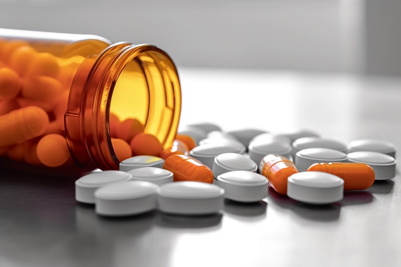 Un envase con analgésicos opioides sobre una mesa. Los opioides pueden provocar adicción y síndrome de abstinencia.