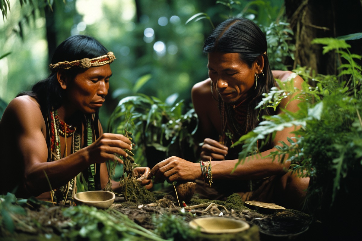 indígenas preparando ayahuasca en la selva amazónica