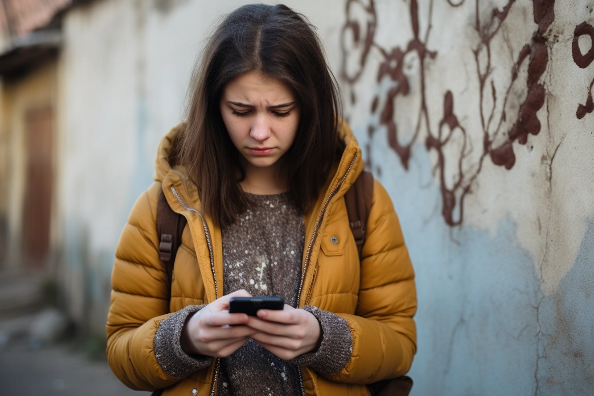 Una adolescente mirando su teléfono móvil con preocupación