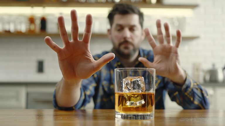 Un hombre siguiendo los consejos para dejar el alcohol rechaza con sus manos una copa de whisky.