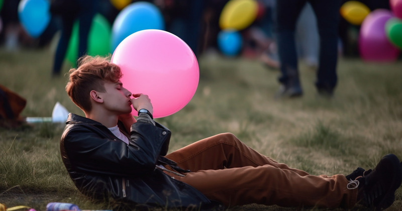Un jóven consumiendo óxido nitroso en un festival de música