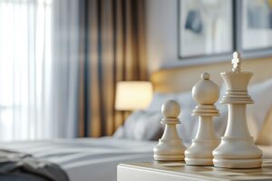 Un tablero de ajedrez sobre la mesa de una habitación individual.