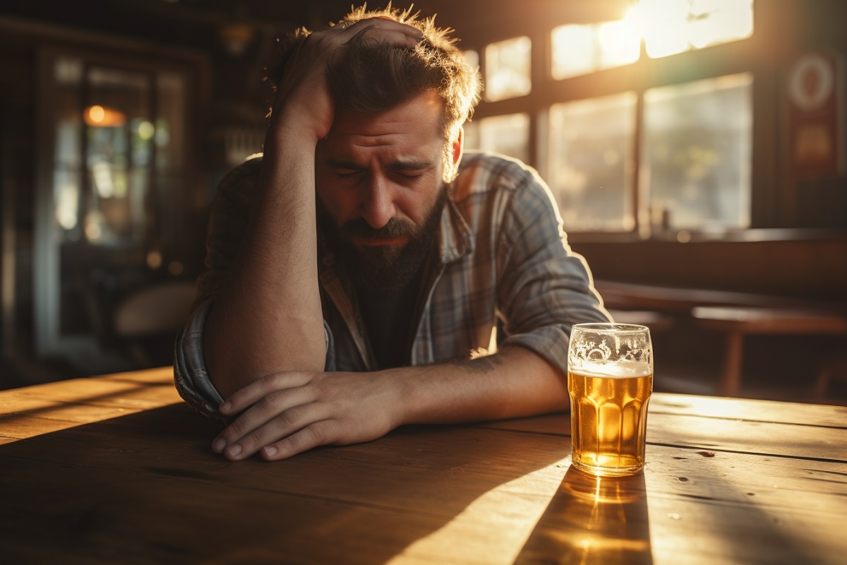 Un hombre con alcoholismo atormentado delante de una cerveza