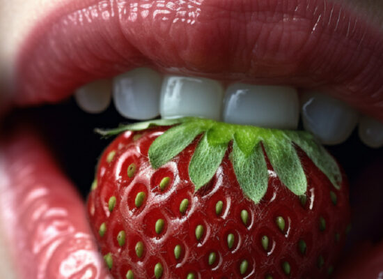 Imagen sugerente de una fresa en la boca que representa la adicción al sexo