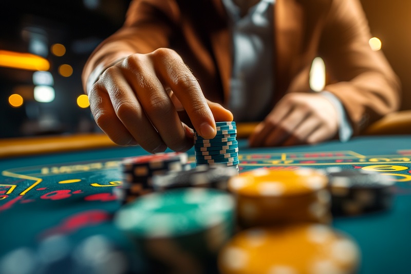 Manos del jugador con fichas de casino