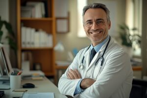 Médico psiquiatra en la consulta del centro de desintoxicación.