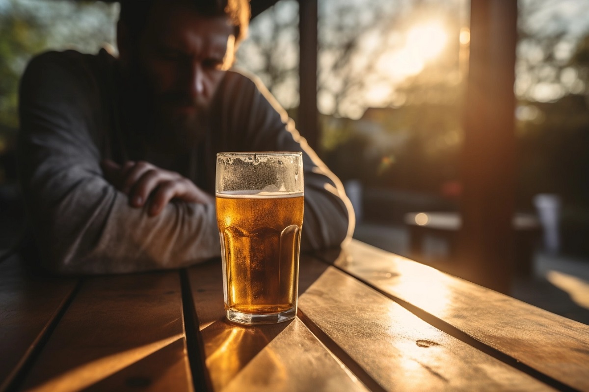 Un alcohólico mirando fijamente una cerveza