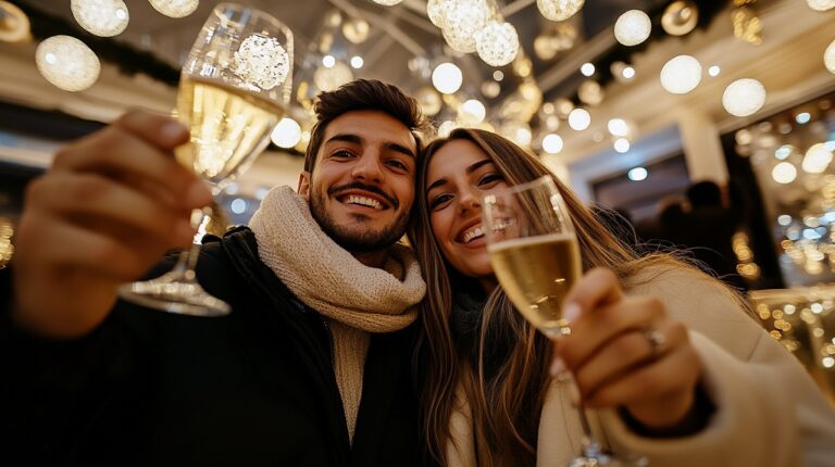 Una pareja festeja la Navidad brindando con alcohol