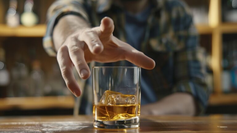 Mano de un hombre alcanzando una copa de alcohol. Concepto de recaída.