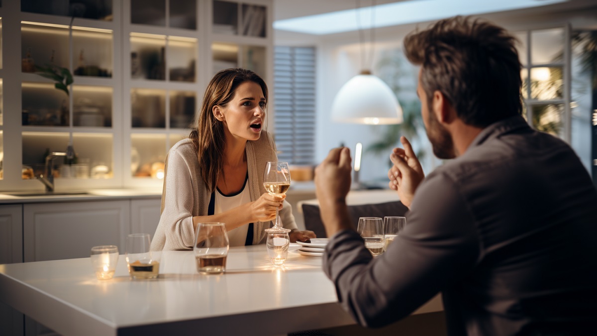 Una pareja alcohólica discutiendo en la cocina