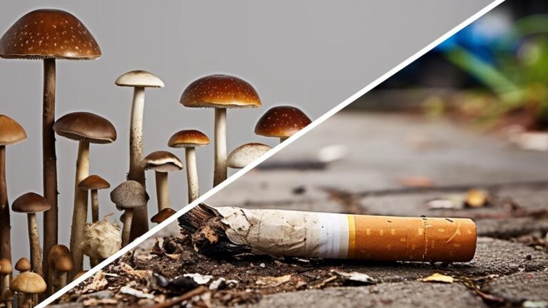 Poster para dejar de fumar compuesto por un cigarro y hongos de psilocibina