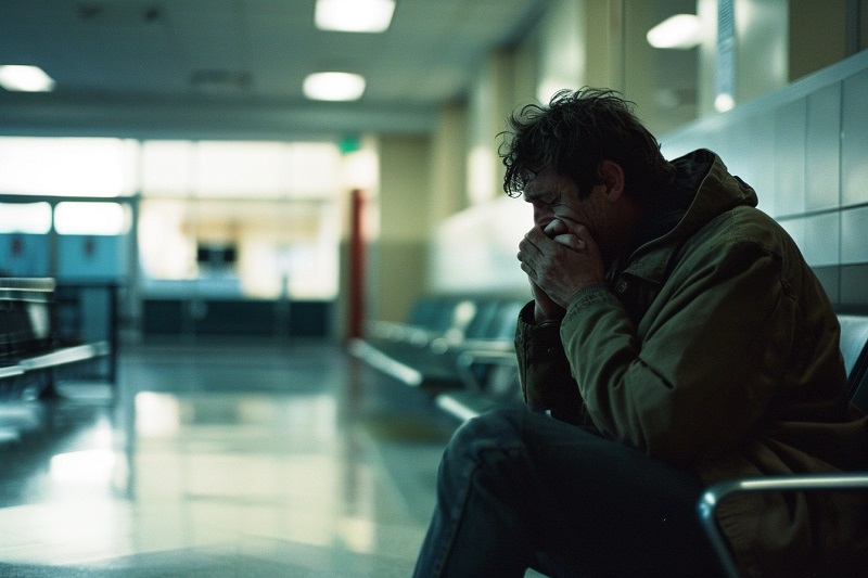 Un hombre con síndrome de abstinencia de opiáceos en la sala de espera de un hospital