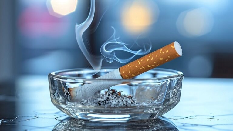 Un cigarro en un cenicero representando la adicción al tabaco