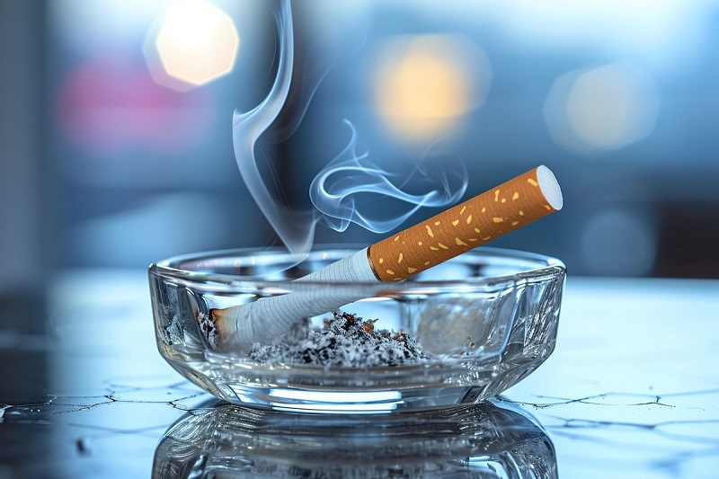 Un cigarro en un cenicero representando la adicción al tabaco
