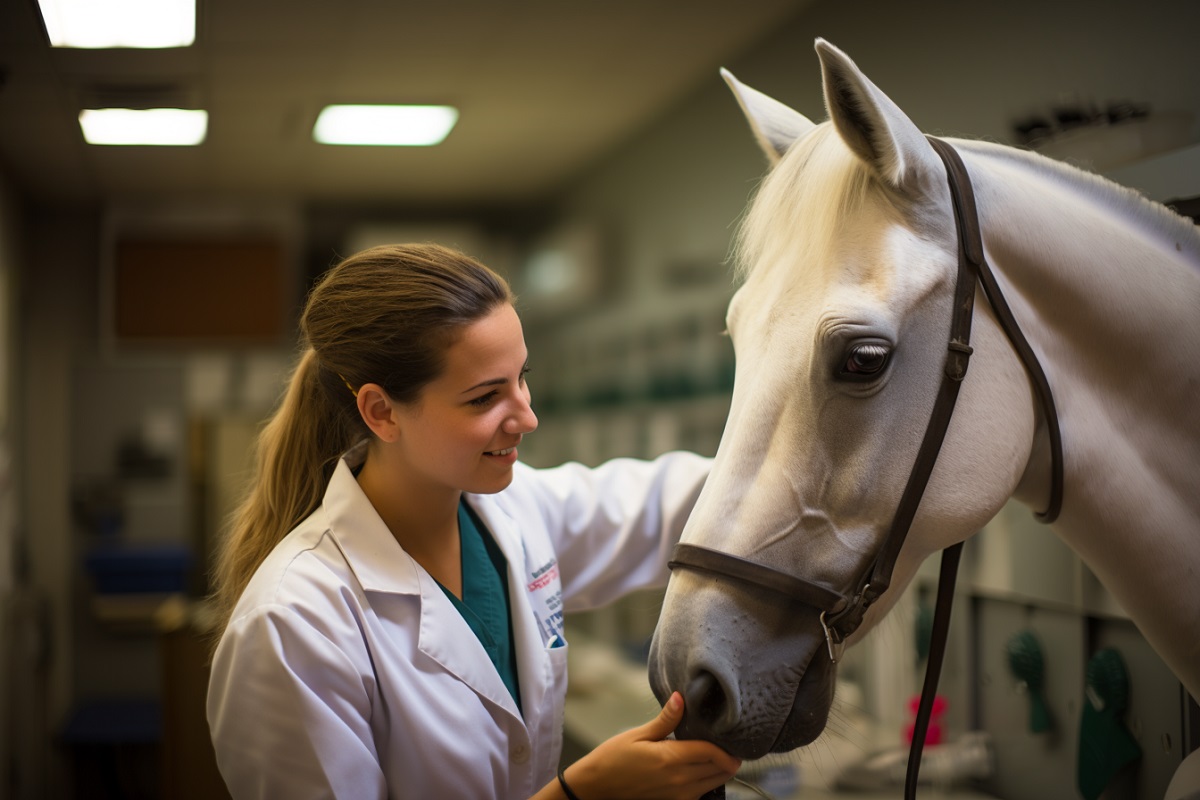 una veterinaria haciendo un exámen médico a un caballo bajo los efectos de xilacina