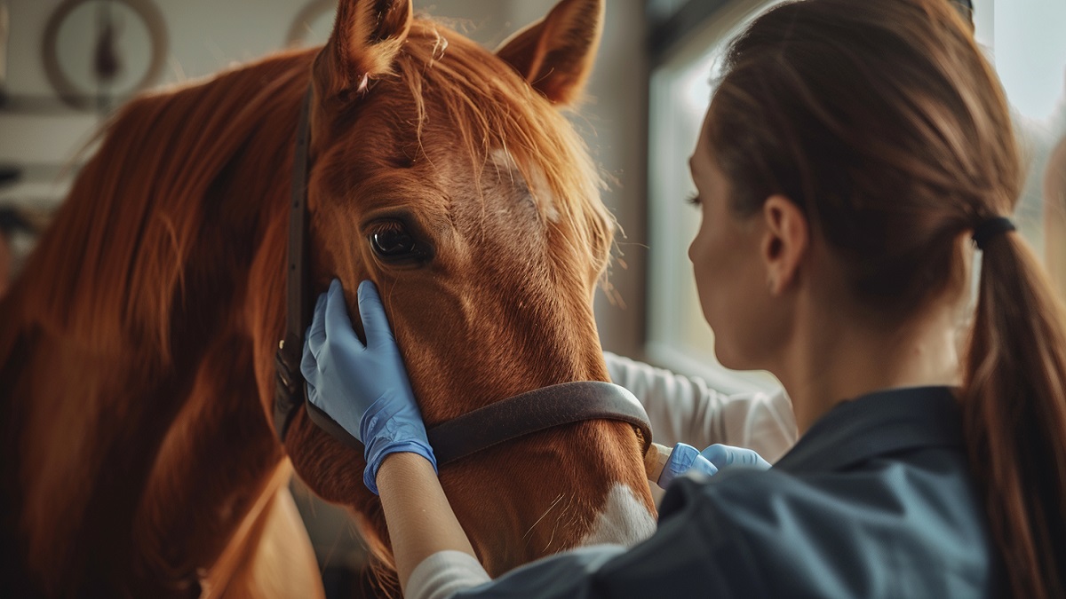 una veterinaria haciendo un exámen médico a un caballo bajo los efectos de xilacina